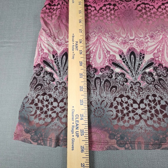 Lizwear Women Pink Black Lace Overlay V Neck Short Sleeve Top Size L - Picture 6 of 7